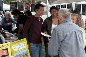 Nonstop discussion in Pathfinder Press booth at LA Times Festival of Books