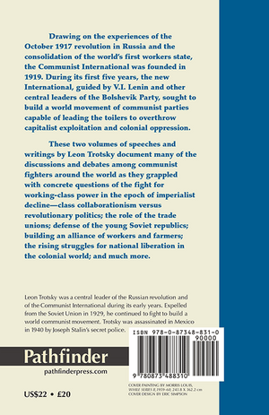 Book back cover with text about the Communist International and Leon Trotsky, featuring a Pathfinder Press logo.