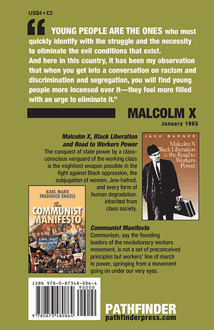 Back cover of pamphlet of 'Malcolm X Talks to Young People' with white text of Malcolm X quote, and color images of two suggested books over a green background.