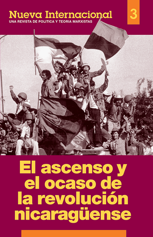 Book cover of 'Nueva Internacional #3' magazine featuring  a black and white photo with people holding flags with text in yellow over maroon back ground.