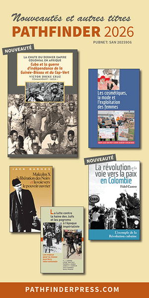 Promotional image of Pathfinder Press brochure with book covers displayed on a beige background.