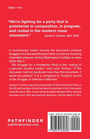 Back cover of The Struggle for a Proletarian Party by James P. Cannon