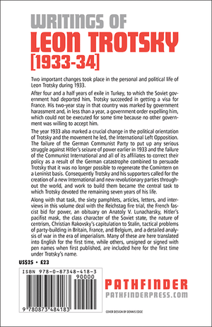 Back cover of 'Writings of Leon Trotsky 1933-34 with text over a white background.
